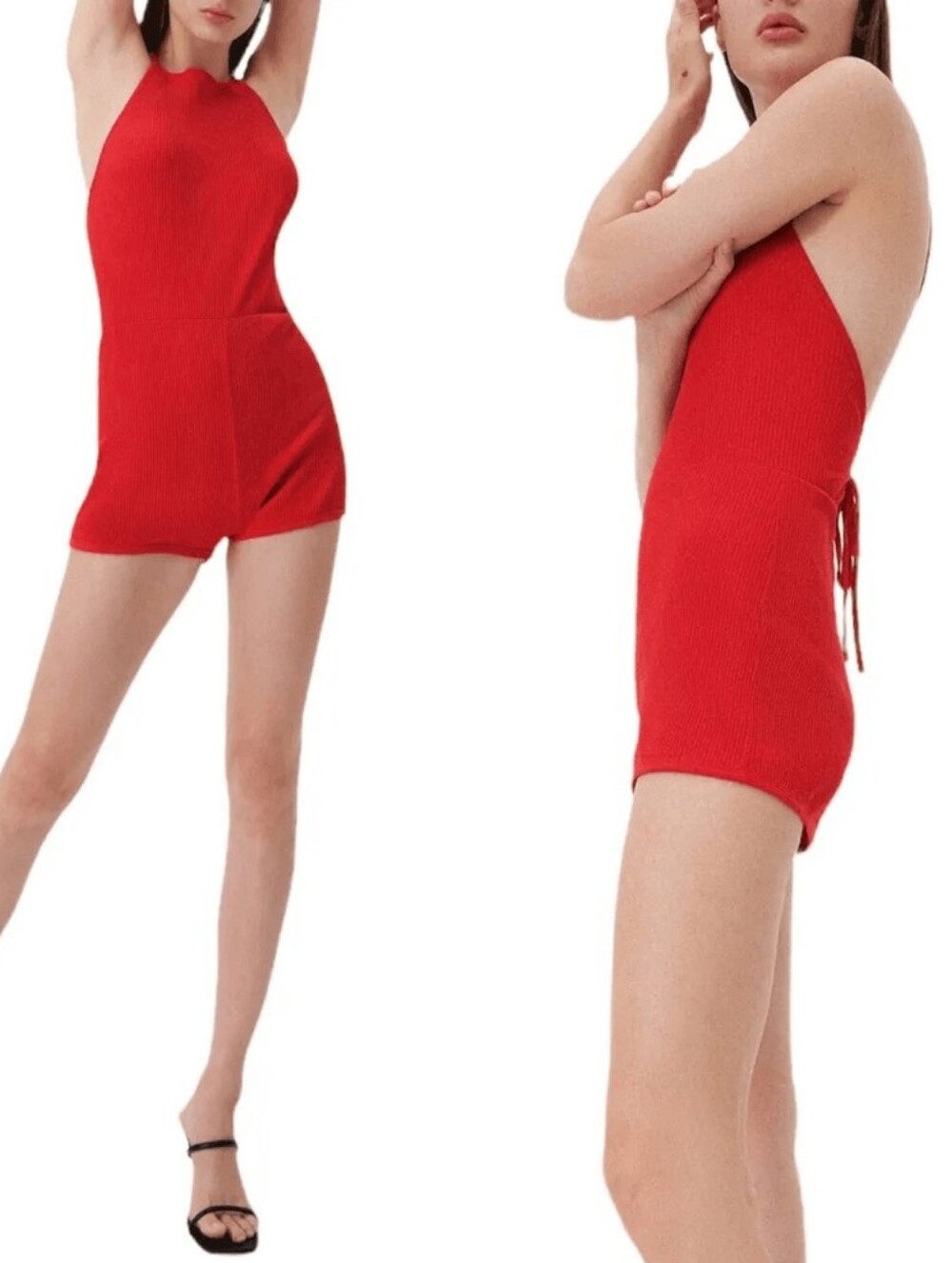 Zara Red Ribbed Halter Romper
